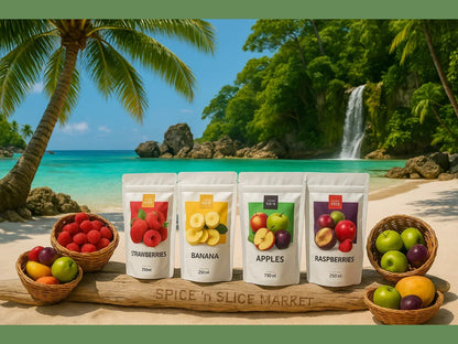 Pouches of dried strawberries, banana, apples, and raspberries on a tropical beach with baskets of fresh fruit, palm trees, and a waterfall in the background.