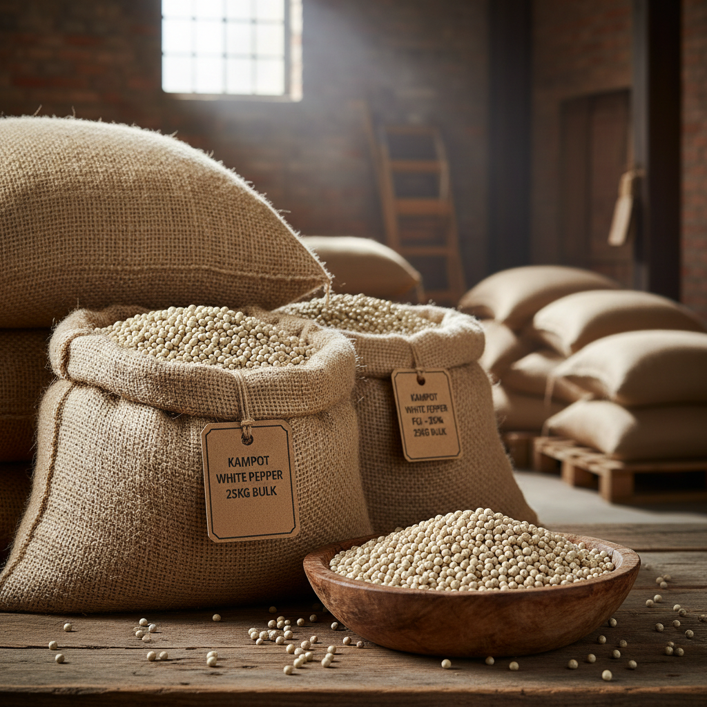 Wholesale Kampot white pepper PGI 25kg bulk burlap sacks with wooden bowl of peppercorns