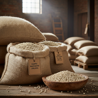 Wholesale Kampot white pepper PGI 25kg bulk burlap sacks with wooden bowl of peppercorns