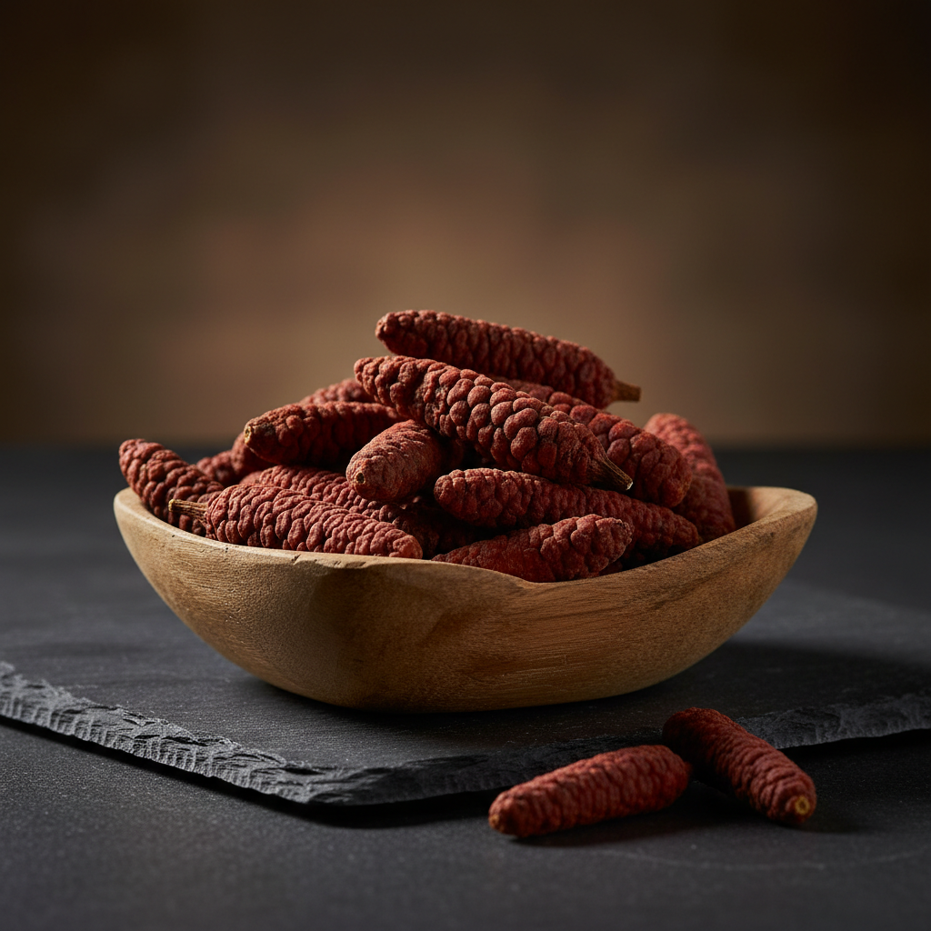 Red long pepper spikes in rustic wooden bowl on dark slate dramatic moody lighting