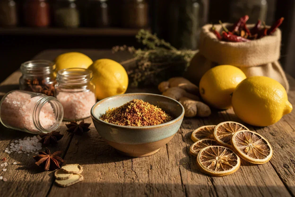 Spice blend in a bowl with Himalayan salt, dried lemon slices, fresh lemons, star anise, ginger, and chili peppers on rustic wood table.