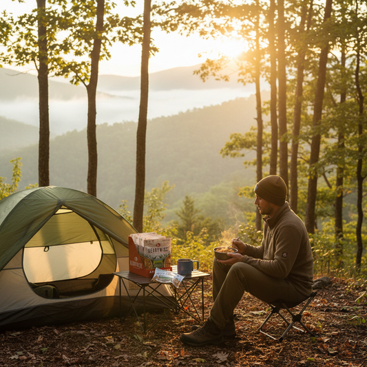 Hiker enjoying steaming apple cinnamon cereal breakfast outside tent at sunrise in misty Appalachian mountain forest