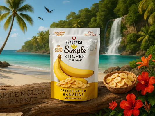 Freeze-dried bananas snack pouch on tropical beach with palm trees, flowers, and waterfall