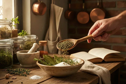 Hand sprinkling green Kampot pepper over herbs and salt in rustic kitchen setting