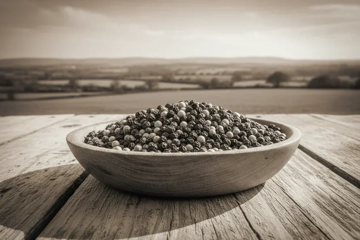 Black and white peppercorns mixed in wooden bowl