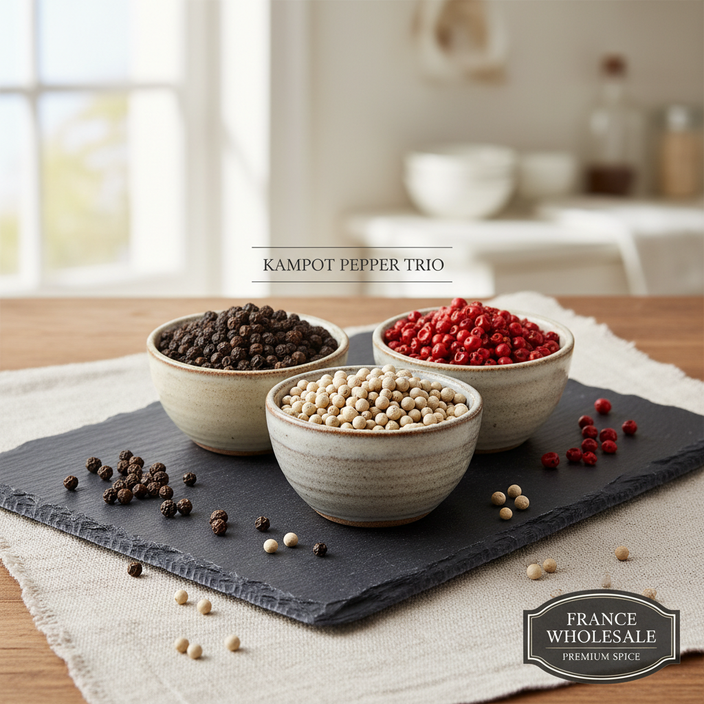 Kampot pepper trio black white red peppercorns three ceramic bowls on slate board France wholesale