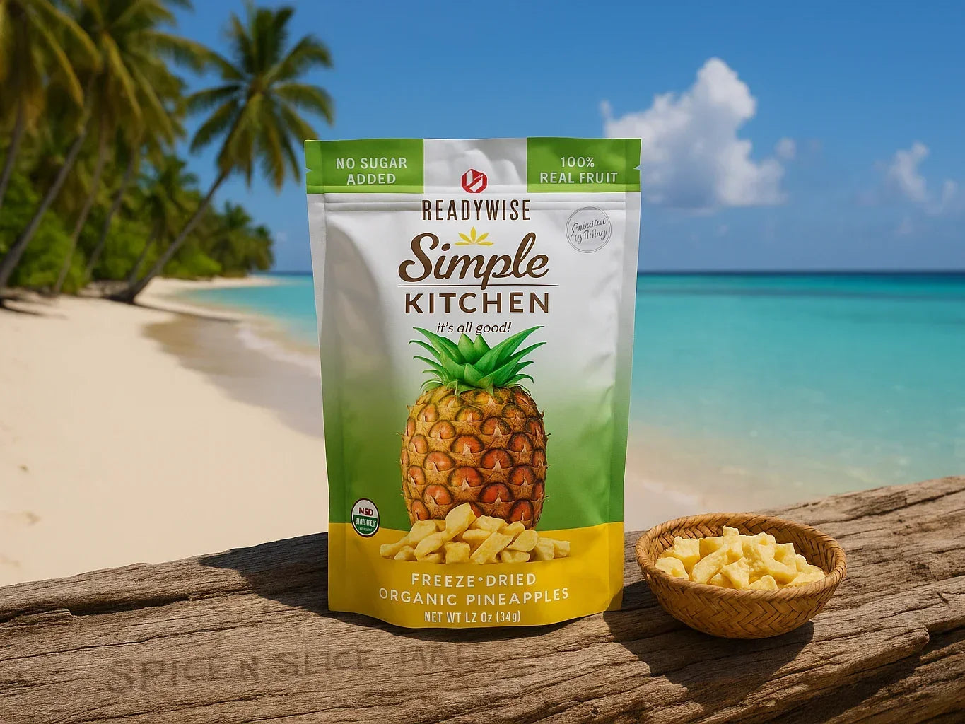 Freeze-dried organic pineapple snack pouch and pineapple pieces on beach with palm trees
