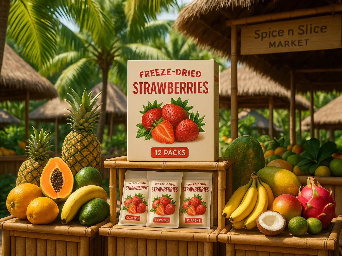 Freeze-dried strawberries display with tropical fruits at outdoor market stall
