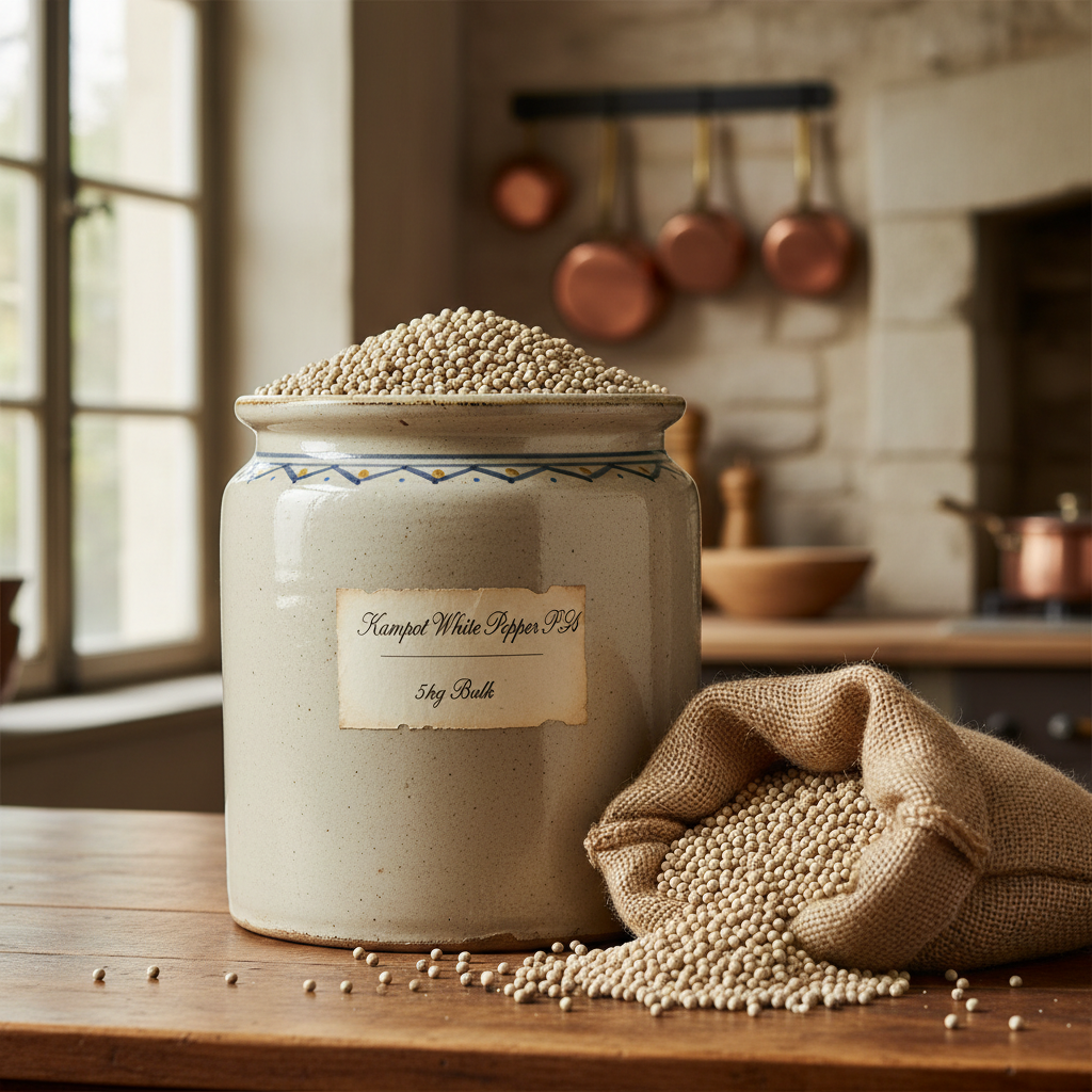 Wholesale Kampot white pepper PGI 5kg bulk peppercorns in large ceramic jar with burlap sack