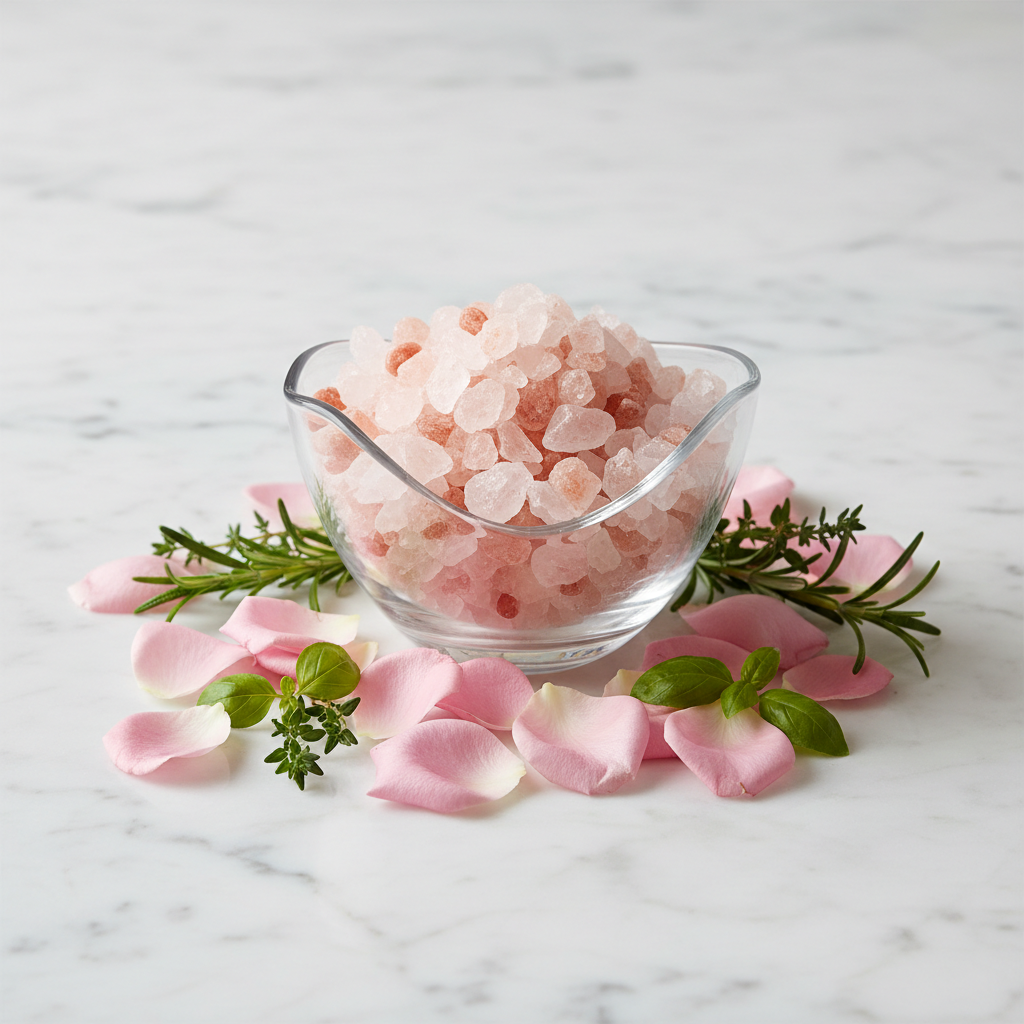 Crystal Pink Salt Diamonds in elegant glass bowl on white marble with rose petals and herbs