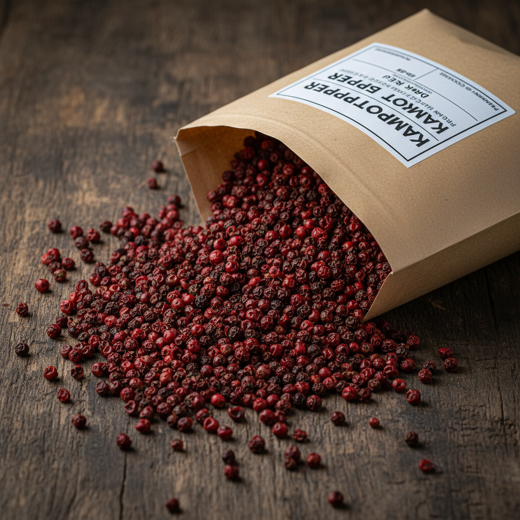 Wholesale bulk dark red Kampot pepper 10kg spilling from kraft paper bag on dark wooden surface