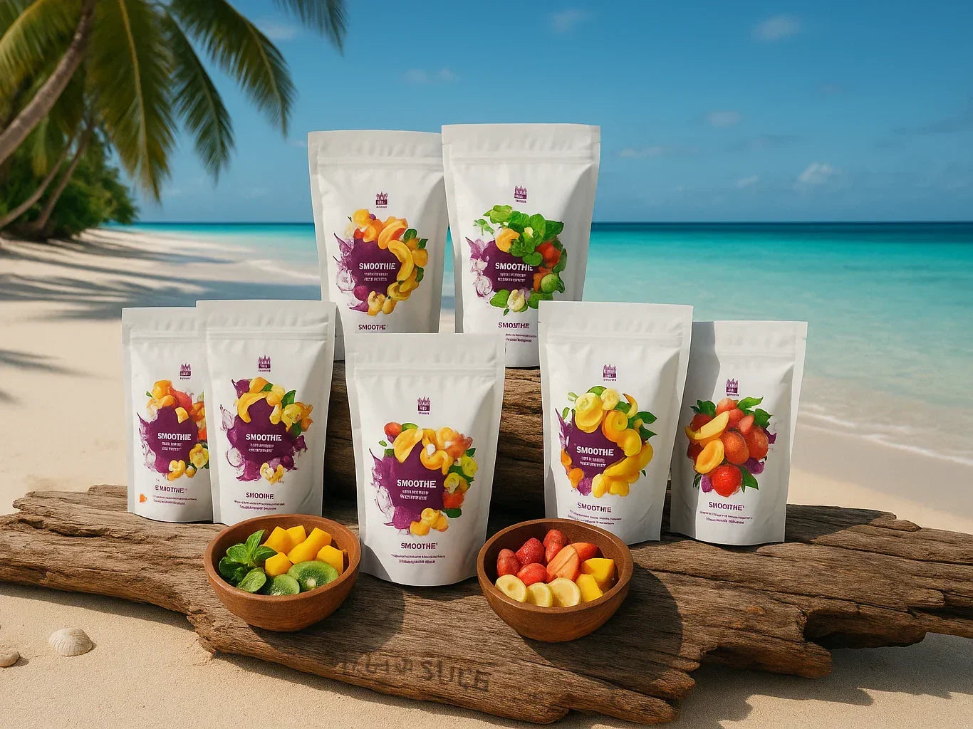 Assorted organic dried fruit smoothie packs and fresh fruit bowls on tropical beach driftwood