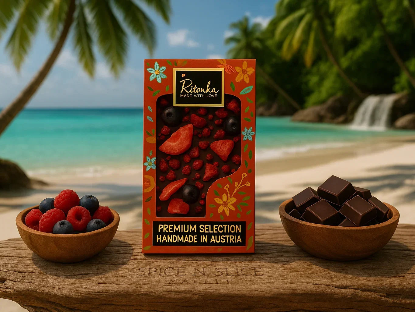 Handmade Austrian premium berry chocolate bar with fresh berries and chocolate pieces on tropical beach