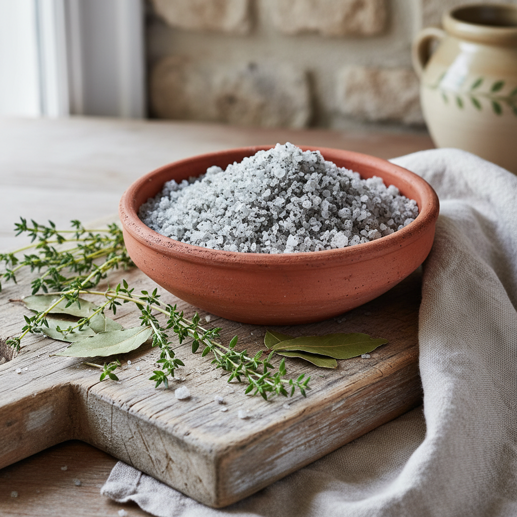 Guerande fine grey Celtic sea salt in terracotta bowl on weathered wooden board with thyme and bay leaves