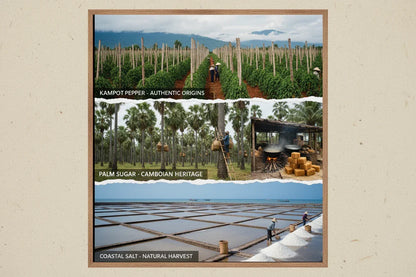 Three images: Kampot pepper farm with workers, palm sugar harvesting in Cambodian plantation, coastal salt harvesting by workers