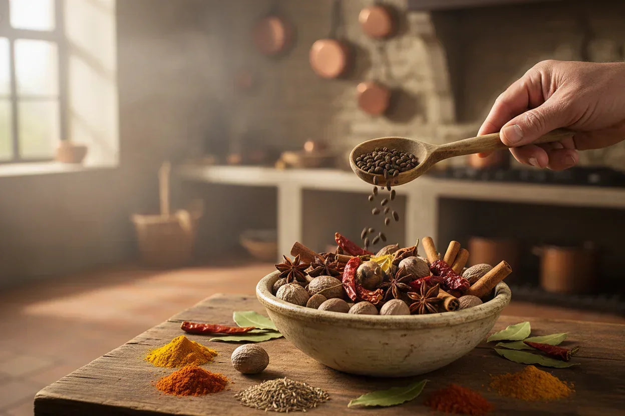 Hand adding whole spices to ceramic bowl in rustic kitchen with wooden table and spice piles