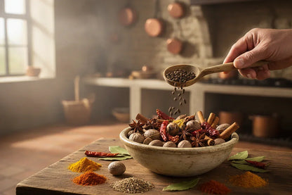 Hand adding whole spices to ceramic bowl in rustic kitchen with wooden table and spice piles