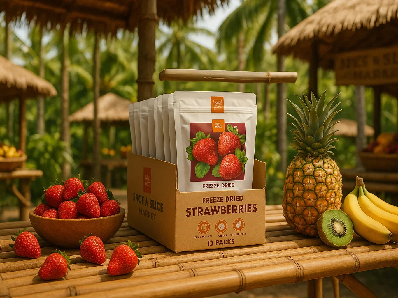 Box of freeze dried strawberries with fresh strawberries, pineapple, banana, and kiwi on a bamboo table in a tropical outdoor market.