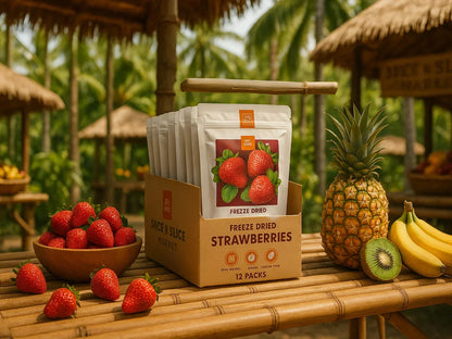 Box of freeze dried strawberries with fresh strawberries, pineapple, banana, and kiwi on a bamboo table in a tropical outdoor market.