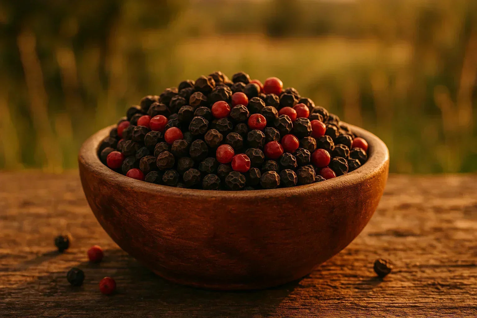 Wooden bowl filled with authentic Kampot peppercorns on rustic table outdoors