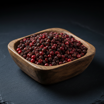 Kampot dark red pepper PGI peppercorns in rustic wooden bowl on dark slate dramatic lighting