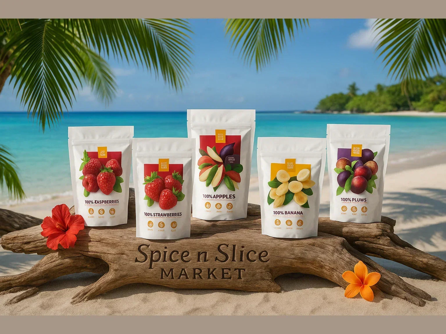 Assorted organic dried fruit packs—raspberries, strawberries, apples, bananas, plums—displayed on a tropical beach
