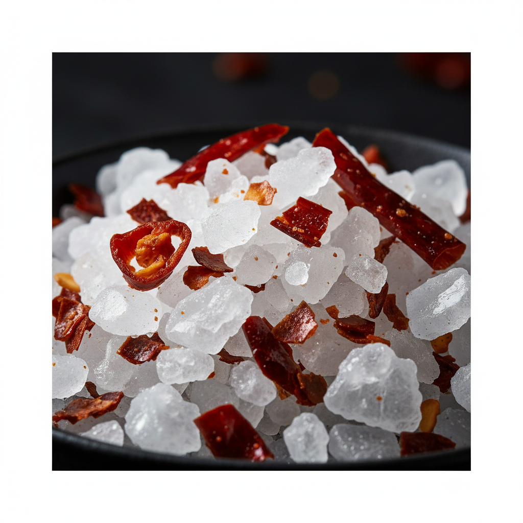 Chilli Crystal Salt Flakes macro close-up showing white salt crystals with vivid red chilli flakes