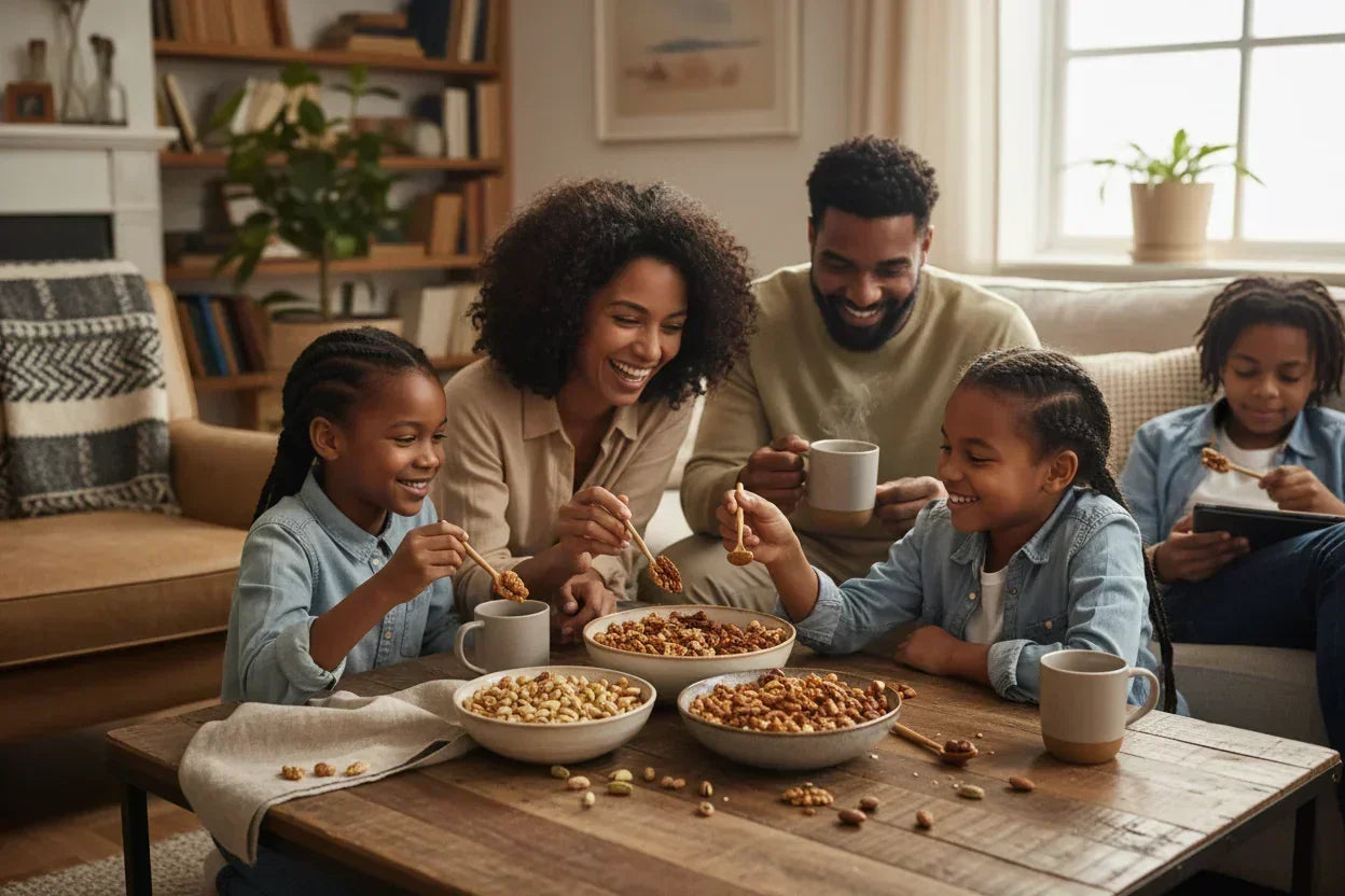 Happy family enjoying breakfast cereals and hot drinks together in cozy living room