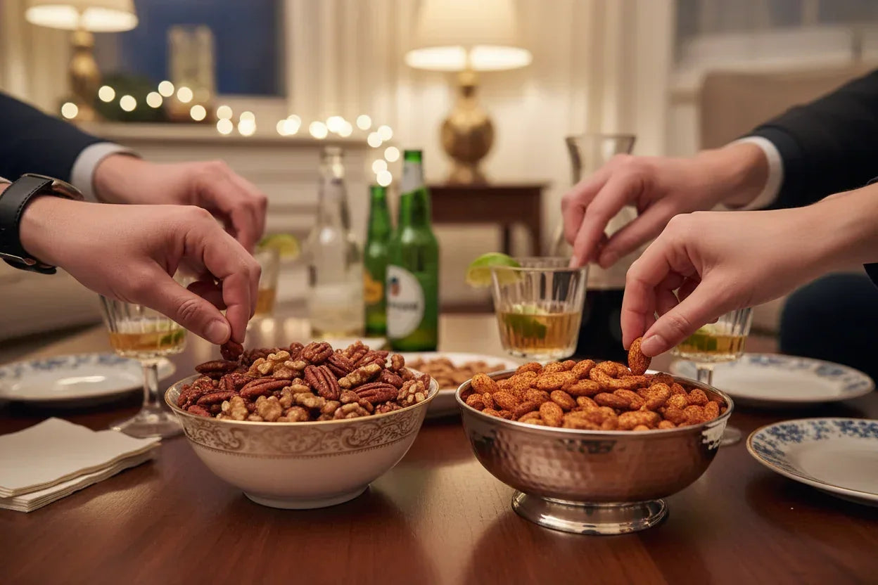 Hands reaching for nuts in decorative bowls on a wooden table with drinks and plates in a cozy indoor setting