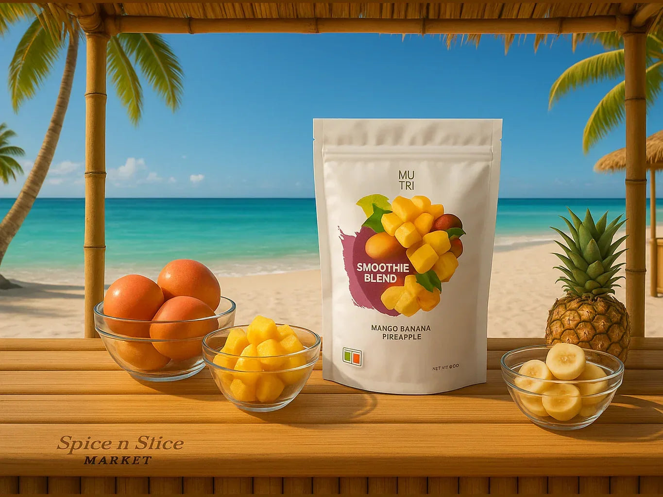 Tropical smoothie blend with mango, banana, pineapple, and fresh fruit bowls on a beach table