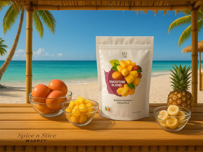 Tropical smoothie blend with mango, banana, pineapple, and fresh fruit bowls on a beach table
