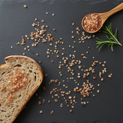 Beech smoked salt coarse flat lay with wooden spoon and rosemary on slate