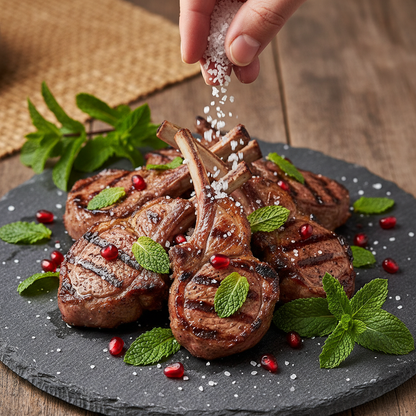 African Salt Pearls sprinkled over grilled lamb chops with fresh mint and pomegranate seeds