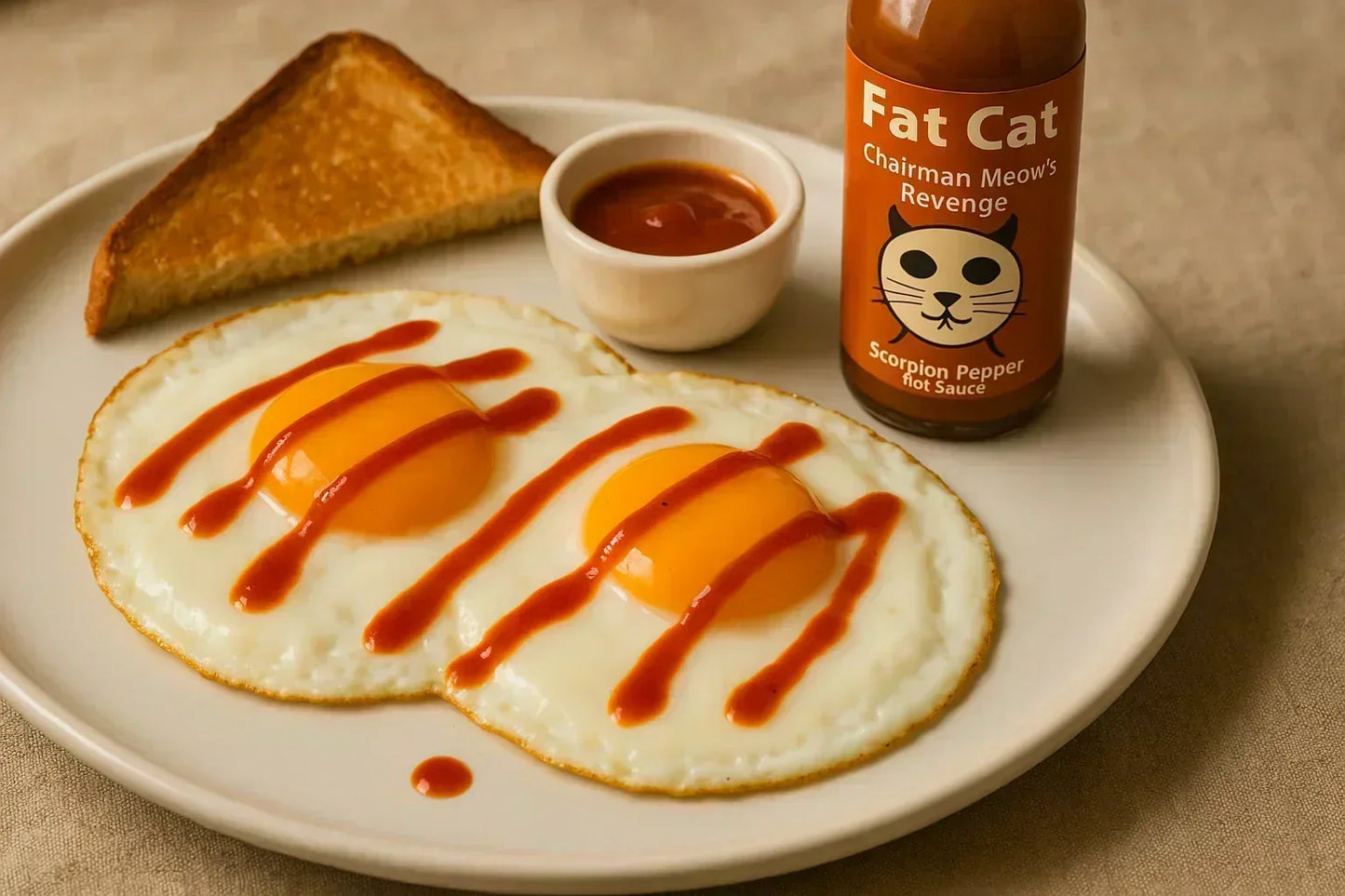 Fried eggs with hot sauce, toast, and scorpion pepper hot sauce bottle on a plate