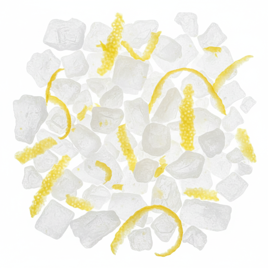 Lemon Salt Flakes crystals macro close-up with bright yellow lemon zest pieces