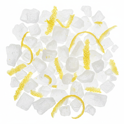 Lemon Salt Flakes crystals macro close-up with bright yellow lemon zest pieces
