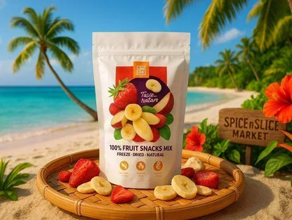 Freeze-dried fruit snacks mix with strawberries and bananas on a tropical beach setting.