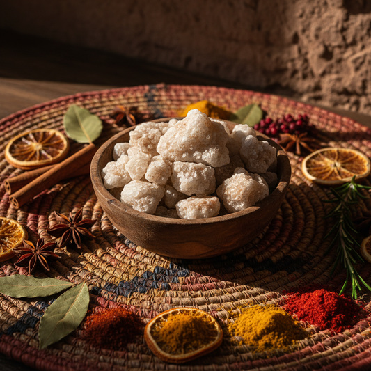 African Salt Pearls in dark wooden bowl on African-inspired woven mat with exotic spices and dried herbs