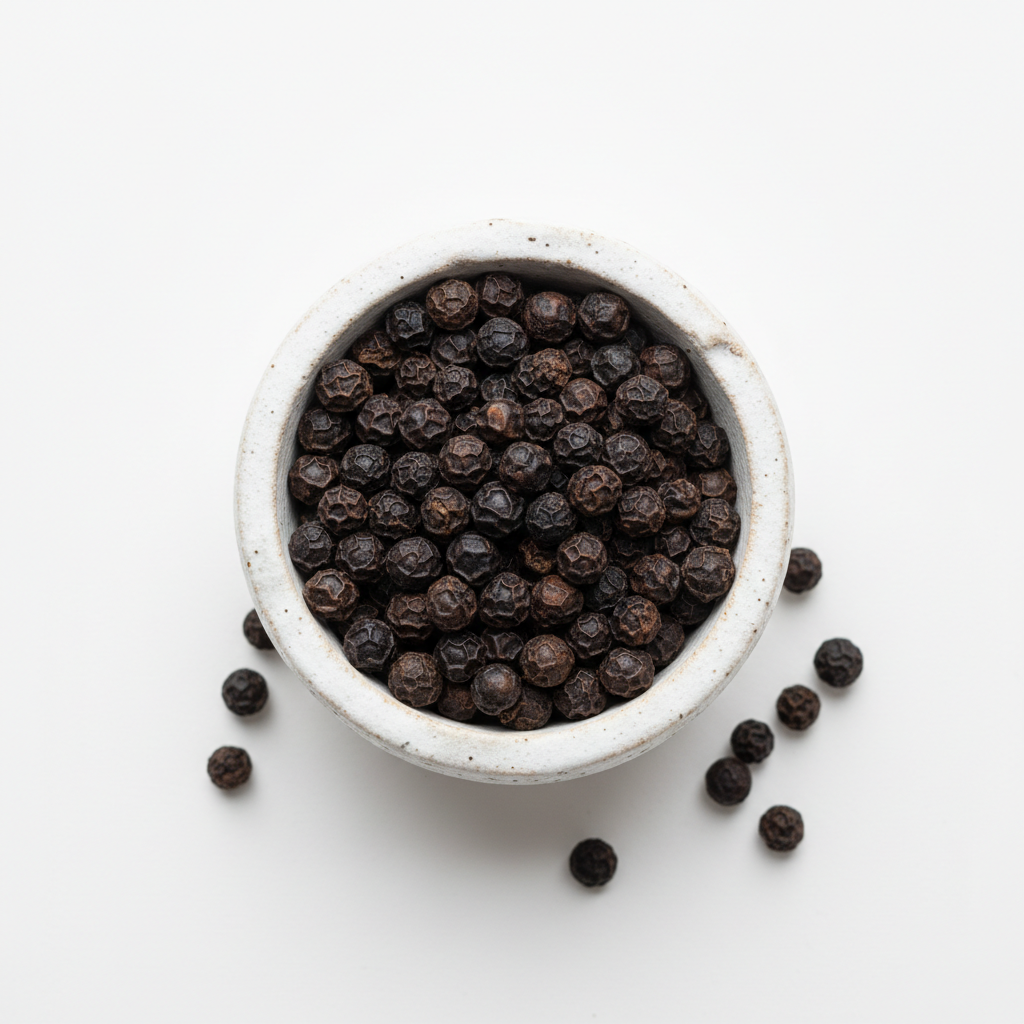 Kampot black pepper PGI peppercorns in ceramic bowl overhead shot