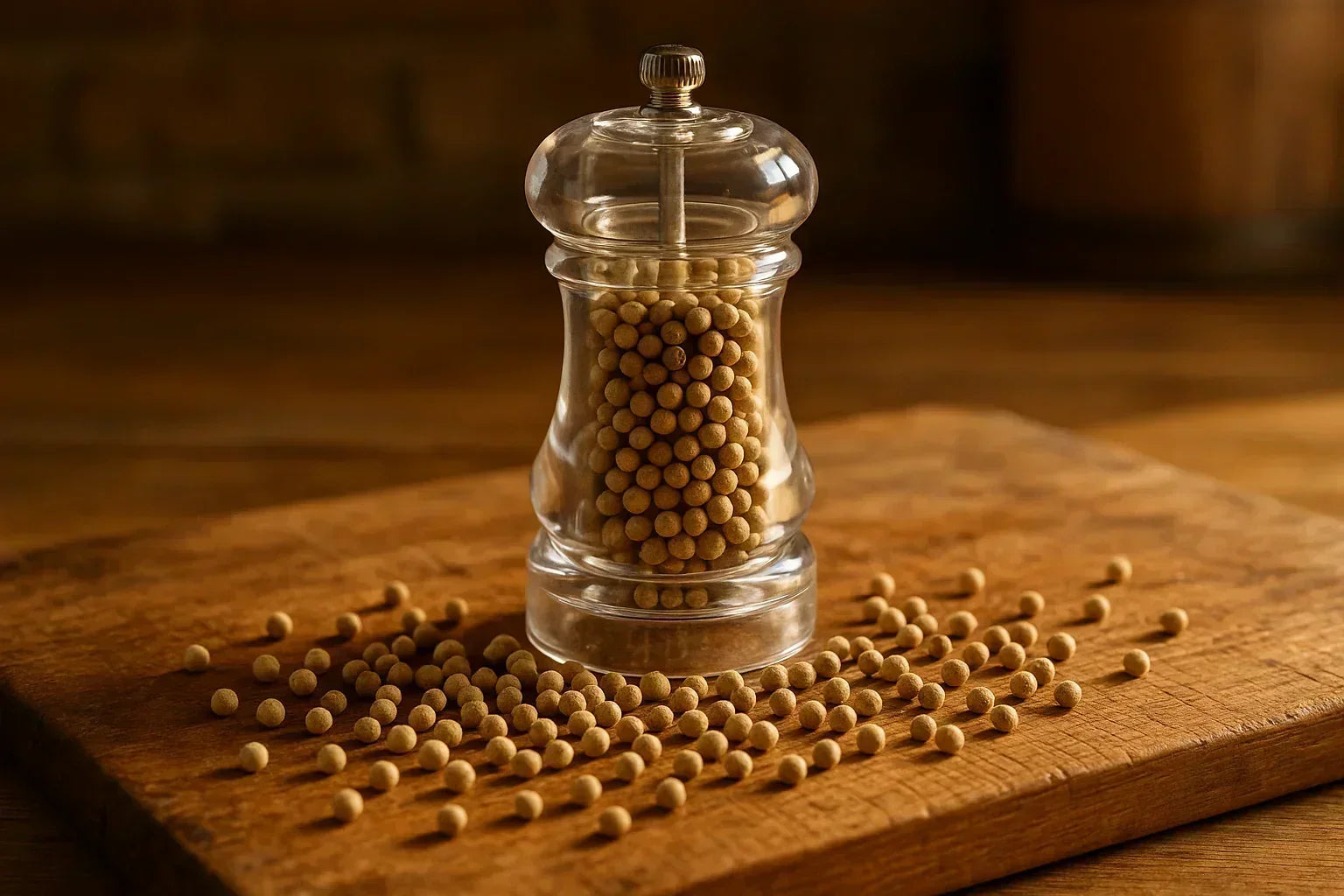 Clear pepper grinder filled with whole white peppercorns on rustic wooden board