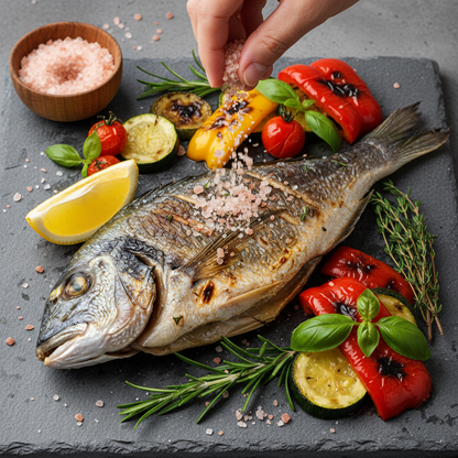 Inka Sunsalt coarse Peruvian pink salt sprinkled over grilled whole sea bream with lemon and fresh herbs