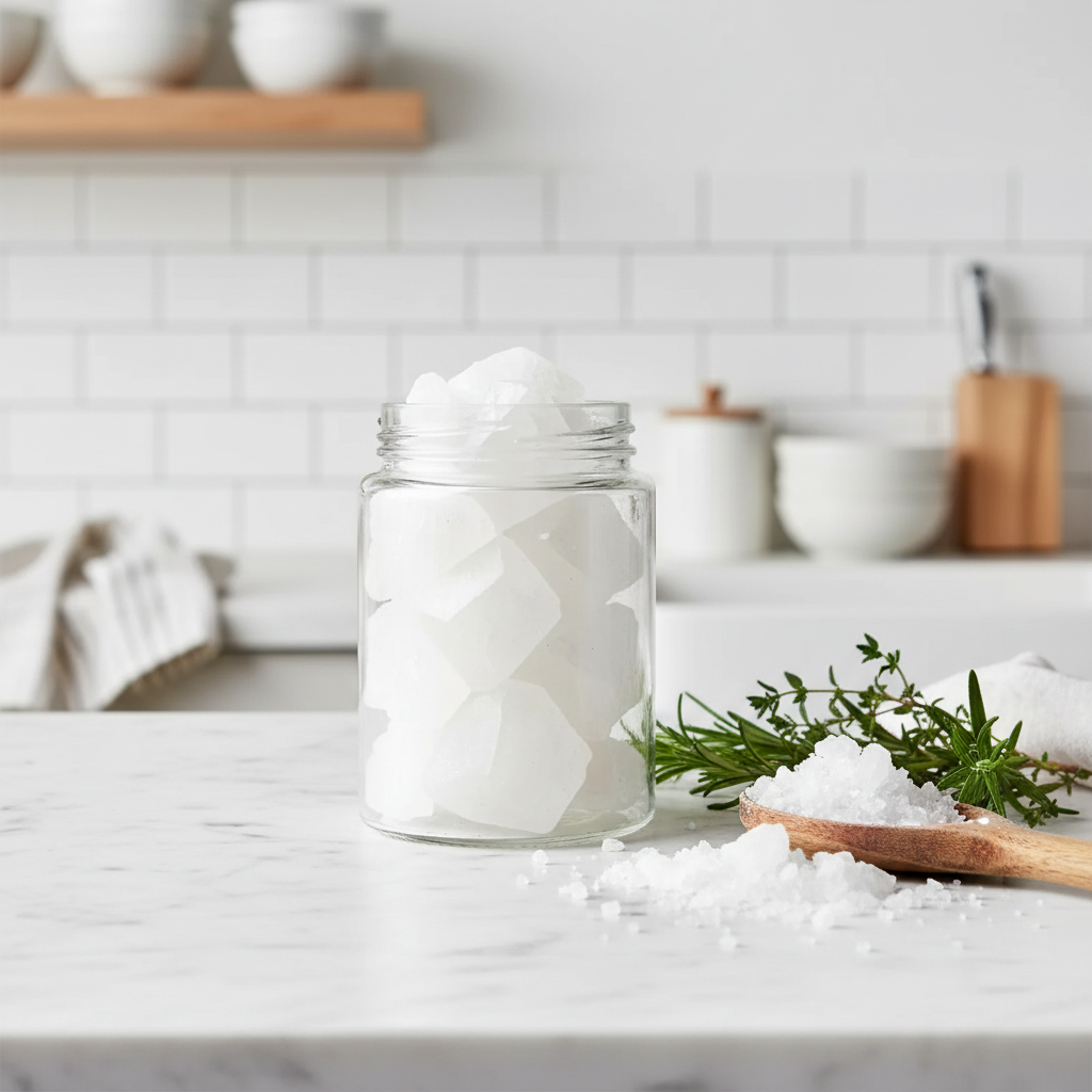 Crystal White Salt Diamonds jar in rustic kitchen scene with white crystals and fresh herbs