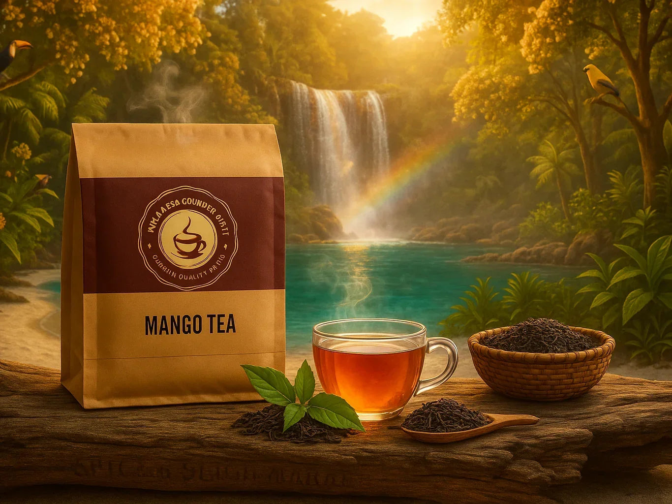Mango tea bag and glass cup with loose tea leaves in a tropical setting by a waterfall
