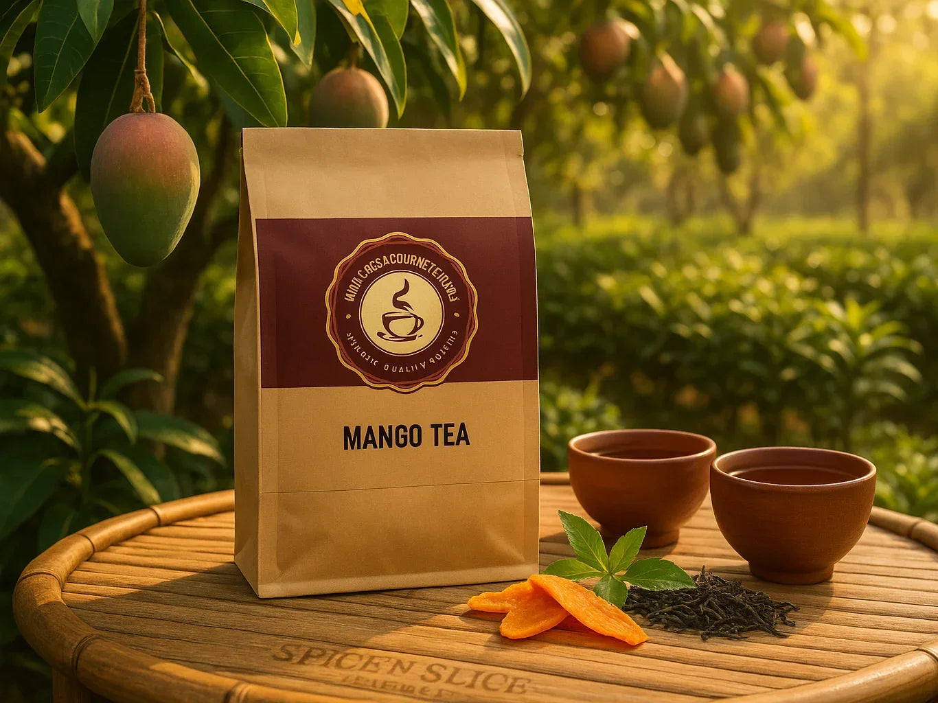 Mango tea bag with dried mango slices, loose leaf tea, and cups outdoors near mango tree