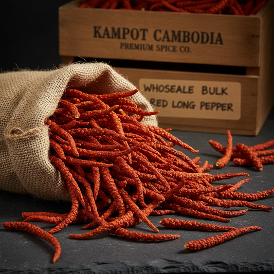 Wholesale bulk red long pepper Kampot Cambodia spilling from burlap sack on dark slate