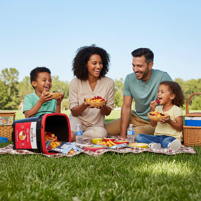 Family on sunny outdoor picnic with children snacking on colorful freeze-dried strawberries mangoes and mixed berries from 120 serving variety fruit bucket