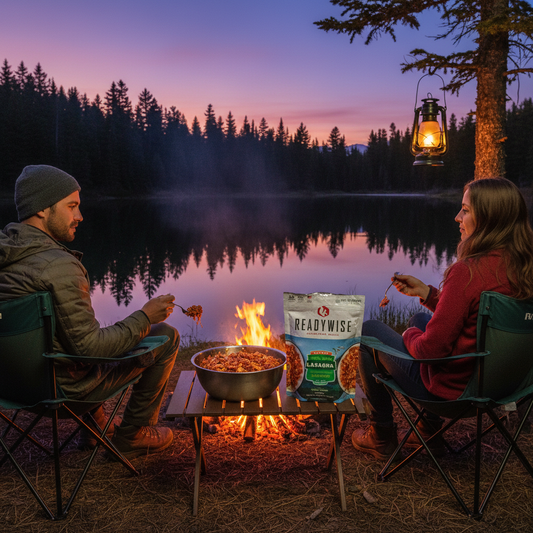 Campers enjoying steaming lasagna with sausage by a still mountain lake at sunset with campfire glow reflecting on calm water