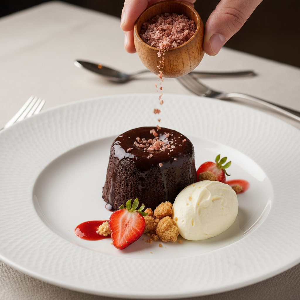 Rose Gourmet Salt sprinkled over chocolate dessert with fresh strawberries and cream on elegant white plate