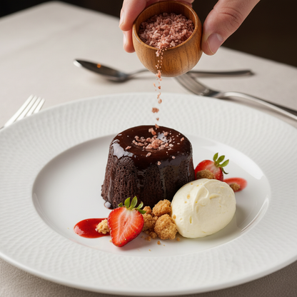 Rose Gourmet Salt sprinkled over chocolate dessert with fresh strawberries and cream on elegant white plate