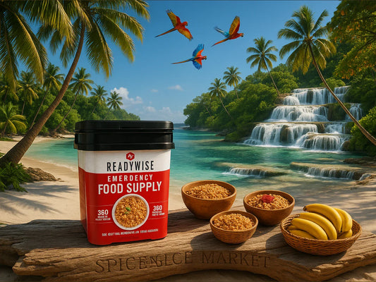 ReadyWise emergency food supply container with tropical beach, bowls of food, bananas, and waterfall.
